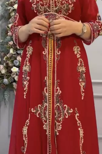 Elegant Red Embroidered Stitched Kaftan with Heavy Front Work & Belt 