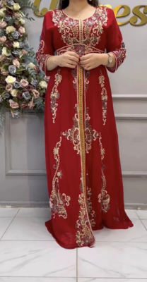 Elegant Red Embroidered Stitched Kaftan with Heavy Front Work & Belt  3