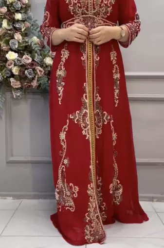Elegant Red Embroidered Stitched Kaftan with Heavy Front Work & Belt 