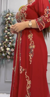 Elegant Red Embroidered Stitched Kaftan with Heavy Front Work & Belt  4