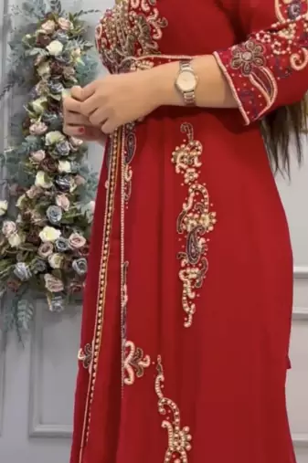 Elegant Red Embroidered Stitched Kaftan with Heavy Front Work & Belt 