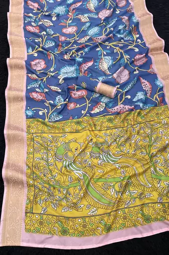 rama color  kalamkari printed soft dola art silk  saree with unstitched blouse