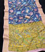 rama color  kalamkari printed soft dola art silk  saree with unstitched blouse
