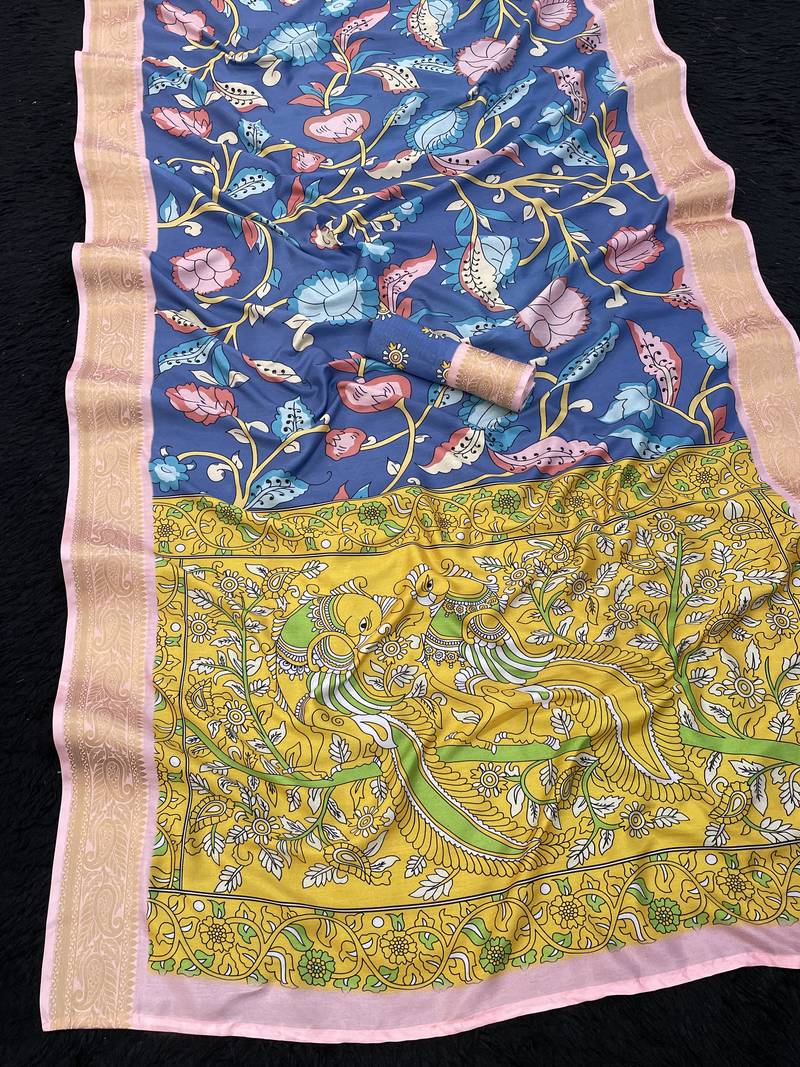 rama color  kalamkari printed soft dola art silk  saree with unstitched blouse