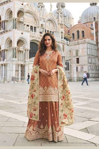 Brown shimmer silk wedding sharara suits free size upto 44