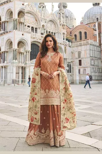 Brown shimmer silk wedding sharara suits free size upto 44