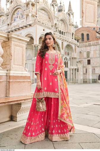 Neon pink shimmer silk wedding sharara suits free size upto 44