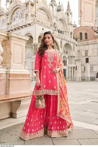 Neon pink shimmer silk wedding sharara suits free size upto 44