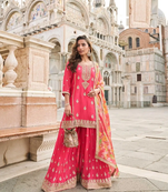 Neon pink shimmer silk wedding sharara suits free size upto 44