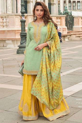 Mint green shimmer silk wedding sharara suits free size upto 44