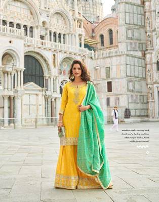 yellow shimmer silk wedding sharara suit-Full Stitched Free size 1