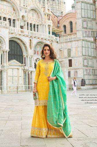 Yellow shimmer silk wedding sharara suits free size upto 44