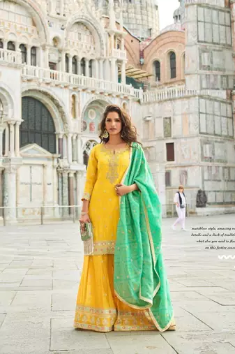 Yellow shimmer silk wedding sharara suits free size upto 44