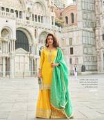 Yellow shimmer silk wedding sharara suits free size upto 44