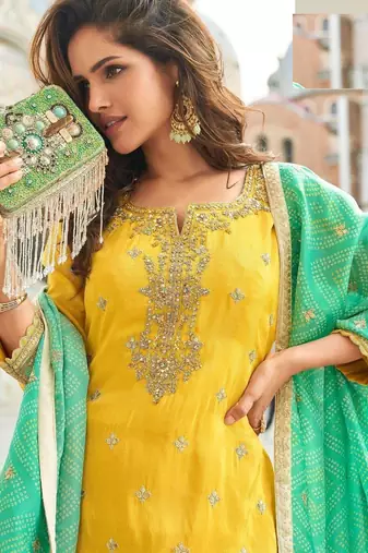yellow shimmer silk wedding sharara suit-Full Stitched Free size