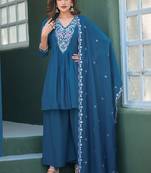 Women Soft Mull Chanderi Silk And Thread Works Kurta With Trousers & Dupatta