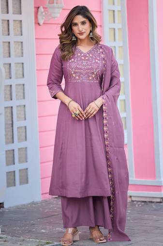 Women Soft Mull Chanderi Silk And Full Hand  Works Kurta With Trousers & Dupatta