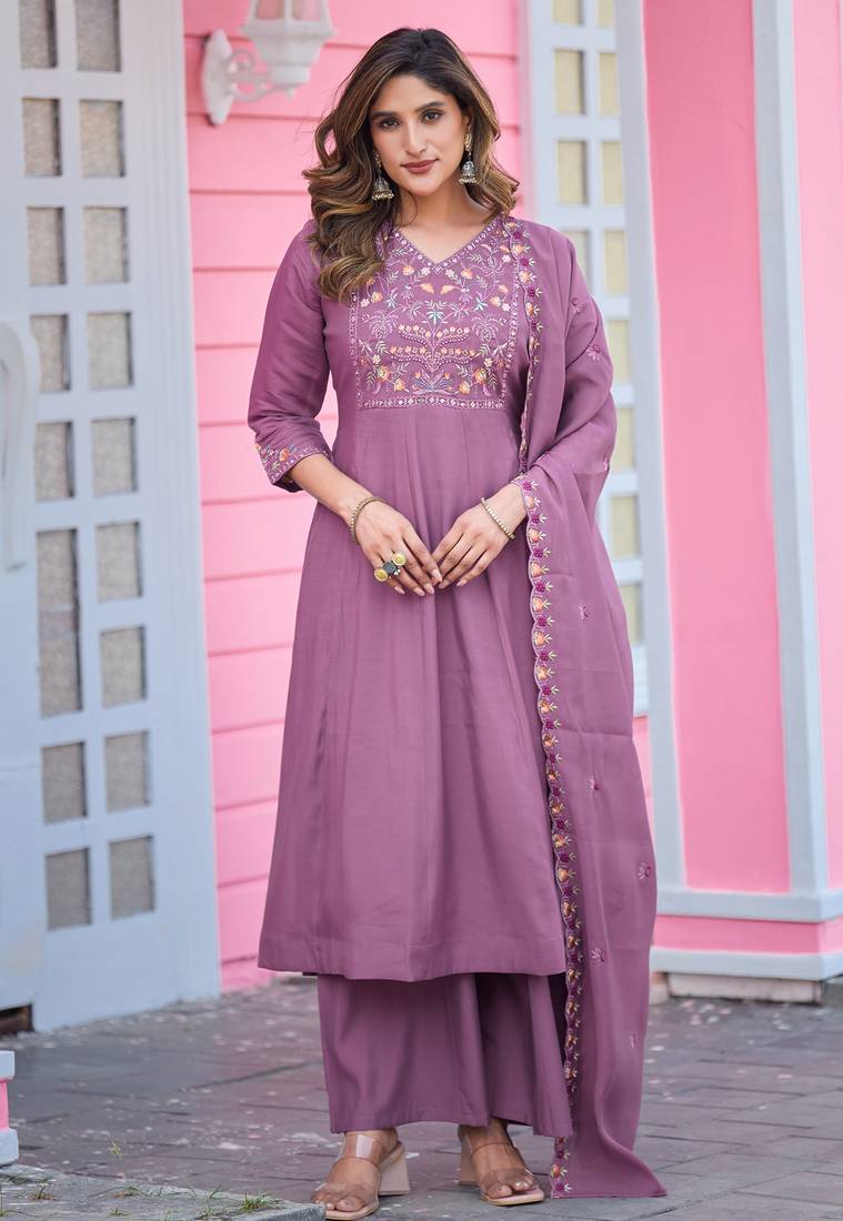 Women Soft Mull Chanderi Silk And Full Hand  Works Kurta With Trousers & Dupatta