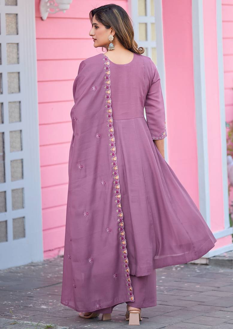 Women Soft Mull Chanderi Silk And Full Hand  Works Kurta With Trousers & Dupatta