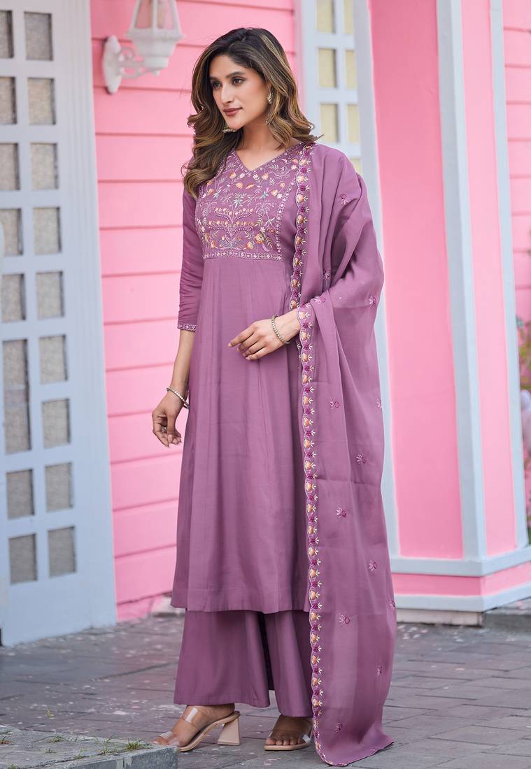 Women Soft Mull Chanderi Silk And Full Hand  Works Kurta With Trousers & Dupatta