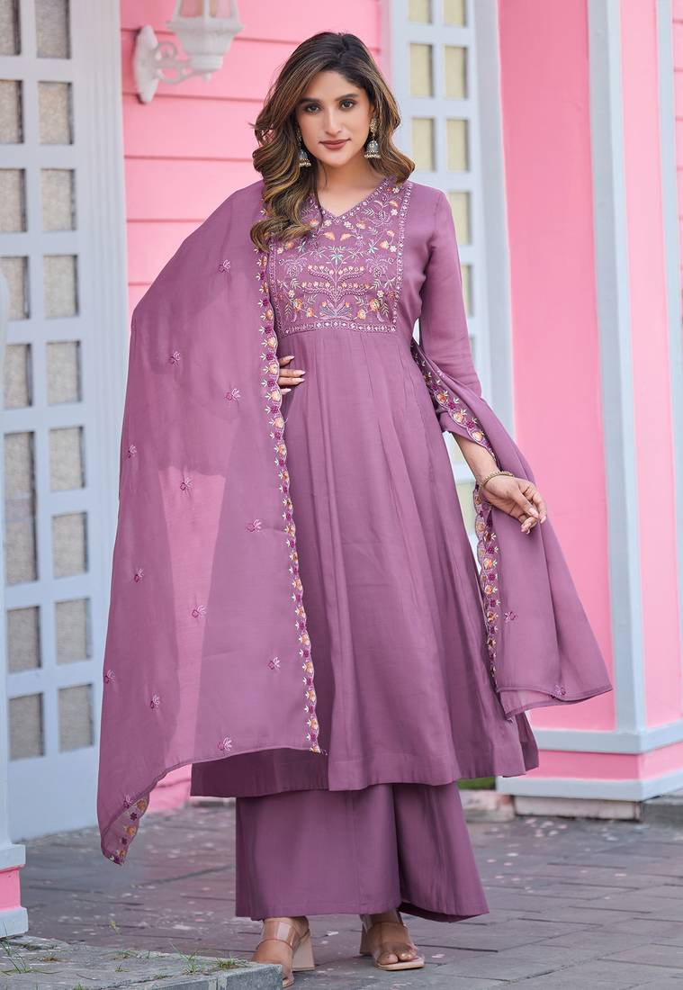 Women Soft Mull Chanderi Silk And Full Hand  Works Kurta With Trousers & Dupatta