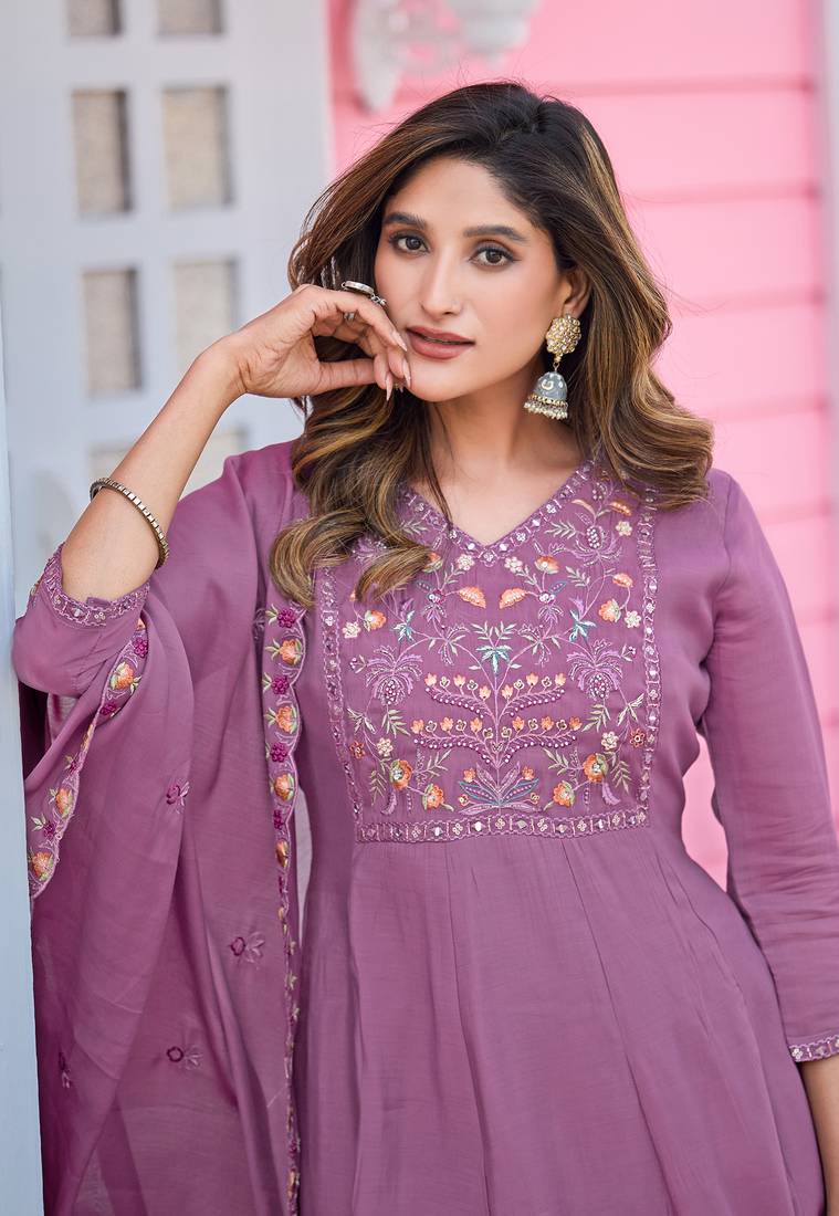 Women Soft Mull Chanderi Silk And Full Hand  Works Kurta With Trousers & Dupatta