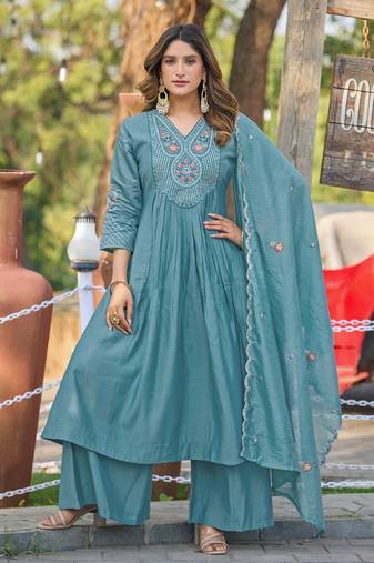 Women Soft Mull Chanderi Silk And Full Hand  Works Kurta With Trousers & Dupatta