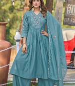 Women Soft Mull Chanderi Silk And Full Hand  Works Kurta With Trousers & Dupatta