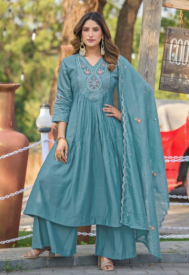 Women Soft Mull Chanderi Silk And Full Hand  Works Kurta With Trousers & Dupatta