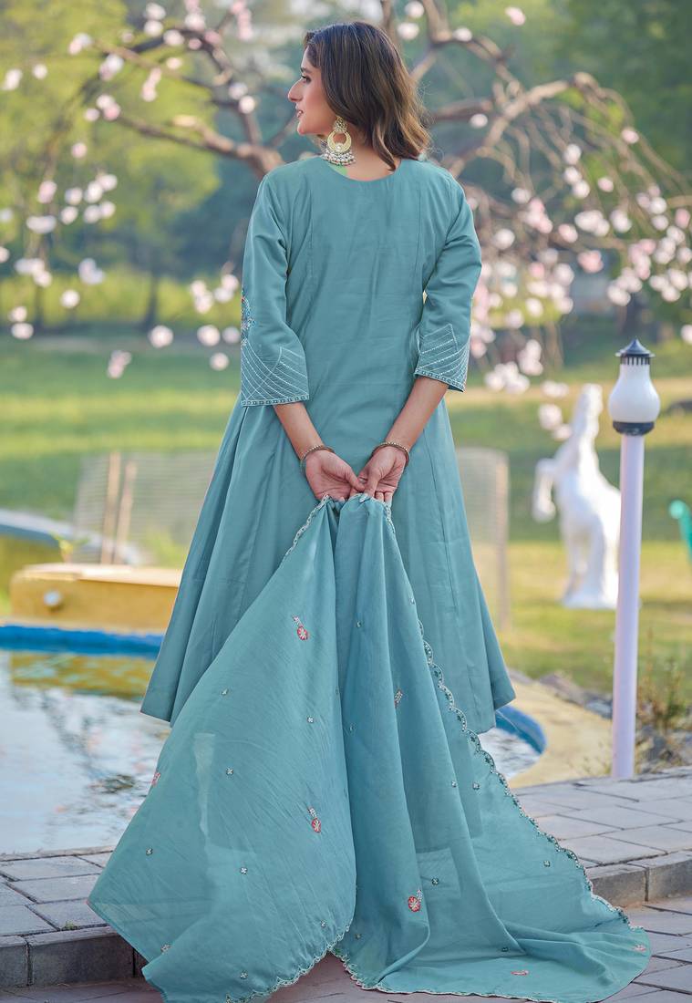 Women Soft Mull Chanderi Silk And Full Hand  Works Kurta With Trousers & Dupatta
