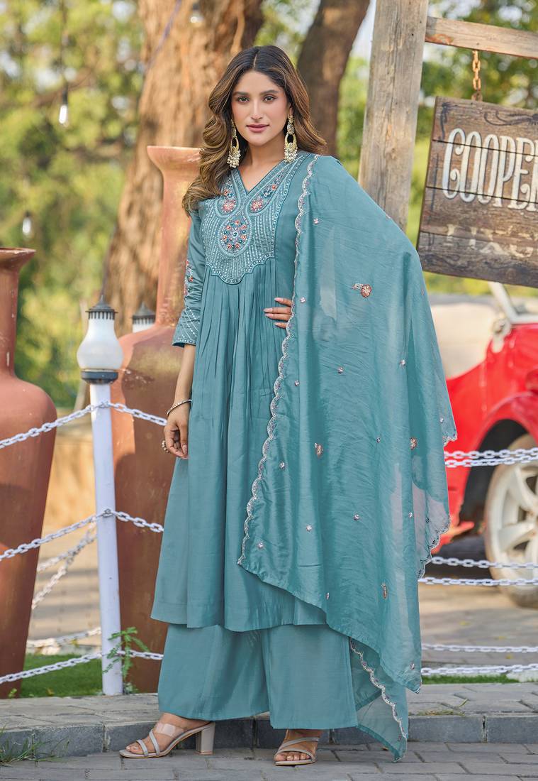 Women Soft Mull Chanderi Silk And Full Hand  Works Kurta With Trousers & Dupatta