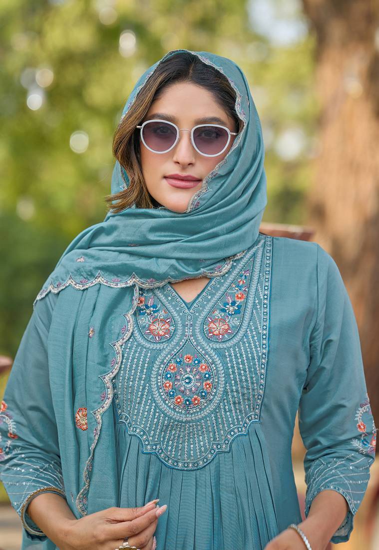 Women Soft Mull Chanderi Silk And Full Hand  Works Kurta With Trousers & Dupatta