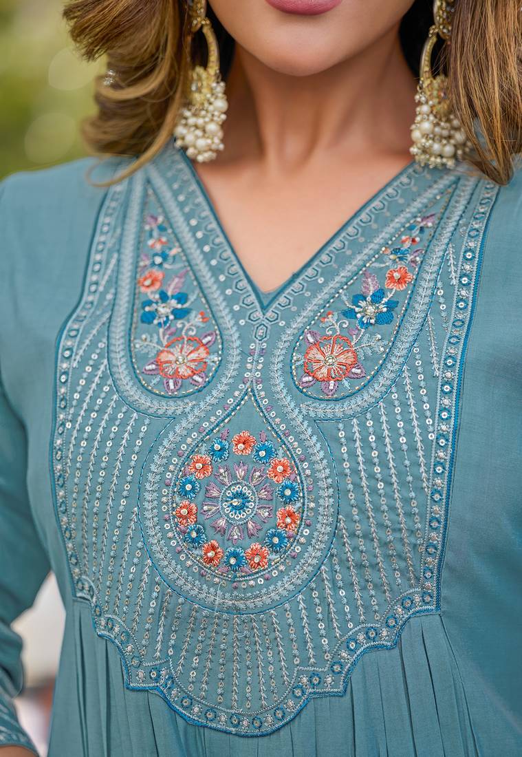 Women Soft Mull Chanderi Silk And Full Hand  Works Kurta With Trousers & Dupatta