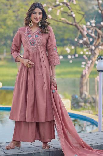 Women Soft Mull Chanderi Silk And Full Hand  Works Kurta With Trousers & Dupatta