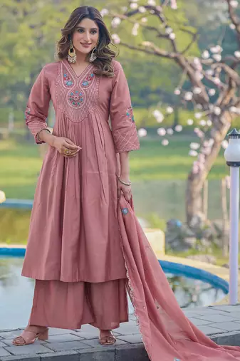 Women Soft Mull Chanderi Silk And Full Hand  Works Kurta With Trousers & Dupatta