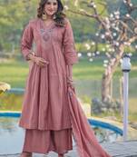 Women Soft Mull Chanderi Silk And Full Hand  Works Kurta With Trousers & Dupatta
