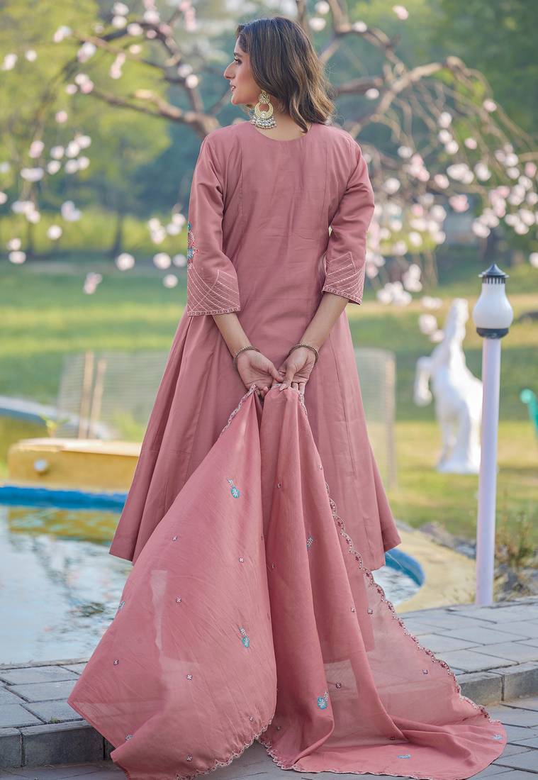 Women Soft Mull Chanderi Silk And Full Hand  Works Kurta With Trousers & Dupatta