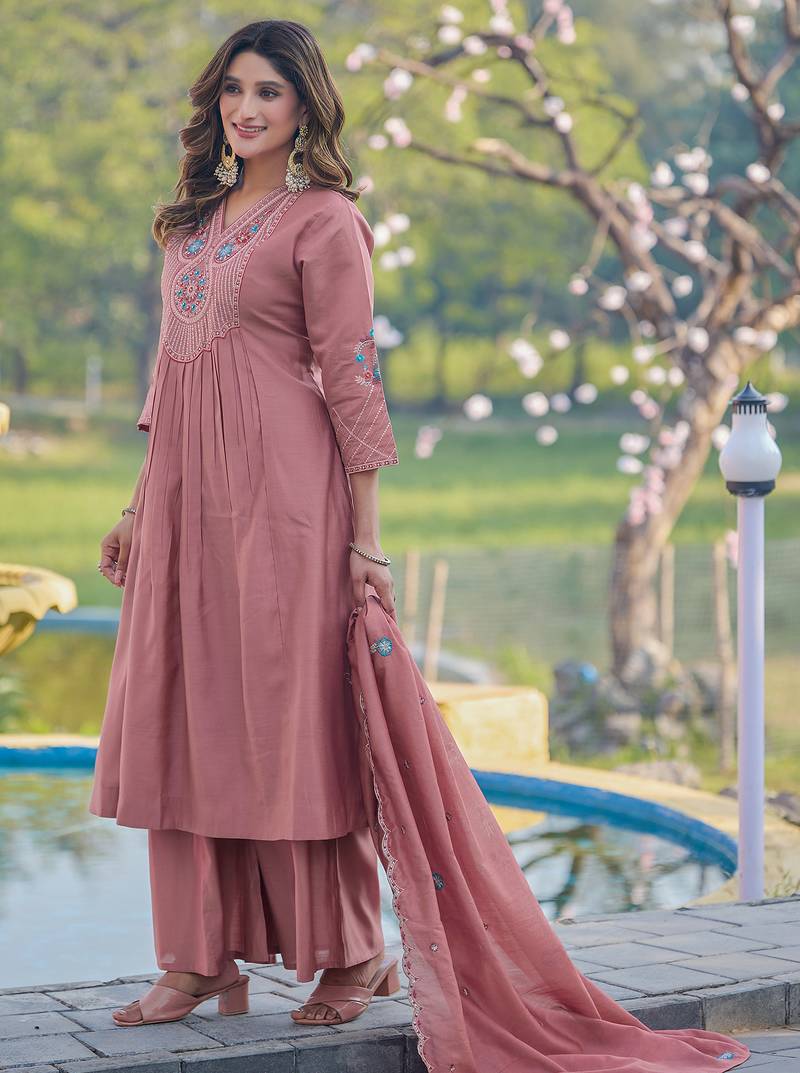 Women Soft Mull Chanderi Silk And Full Hand  Works Kurta With Trousers & Dupatta