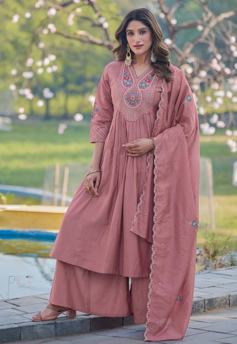 Women Soft Mull Chanderi Silk And Full Hand  Works Kurta With Trousers & Dupatta