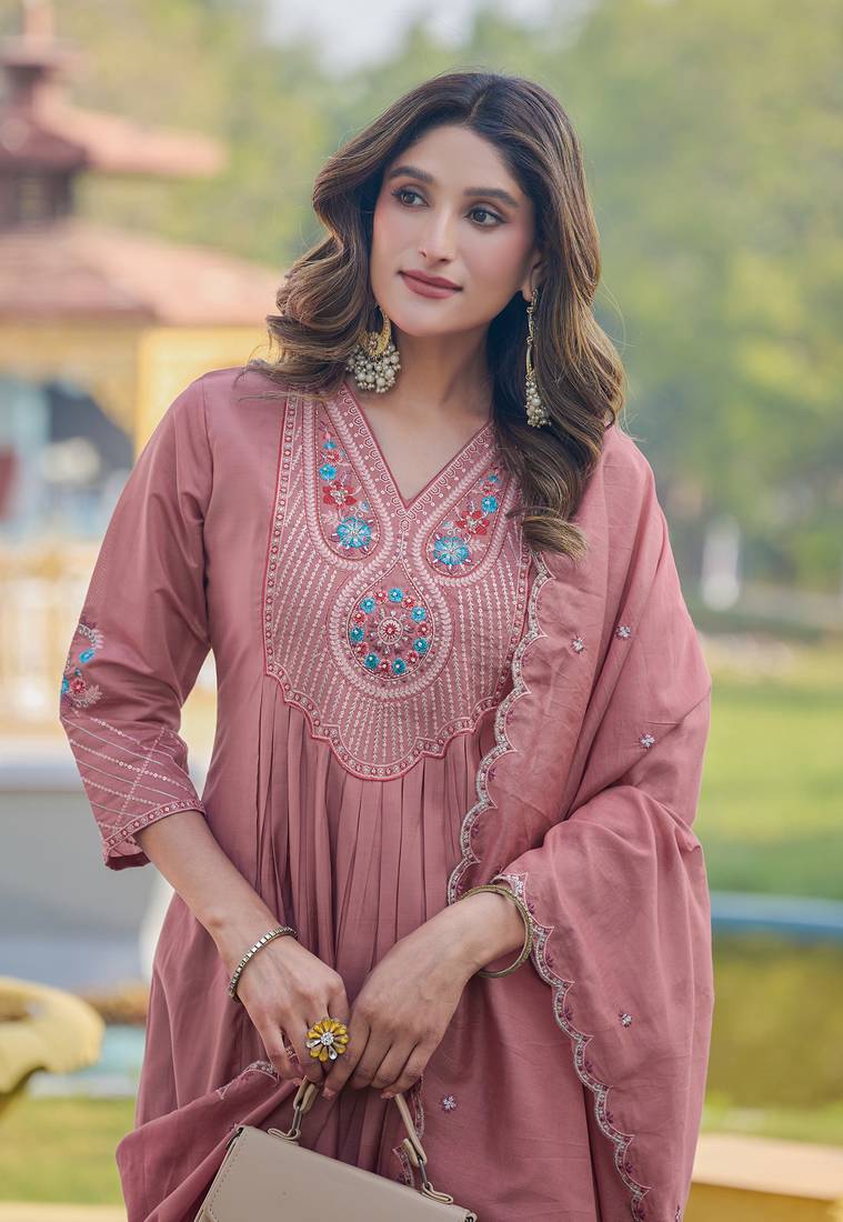 Women Soft Mull Chanderi Silk And Full Hand  Works Kurta With Trousers & Dupatta