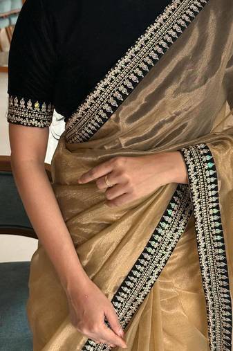 Golden Color Partywear Net Fabric Saree