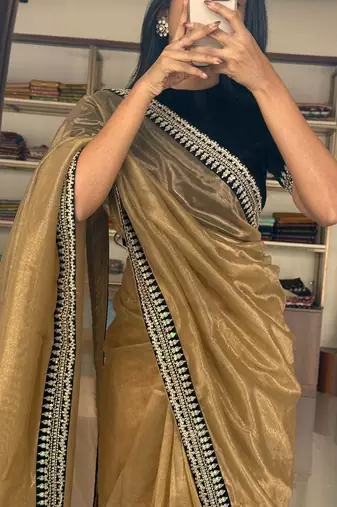 Golden Color Partywear Net Fabric Saree