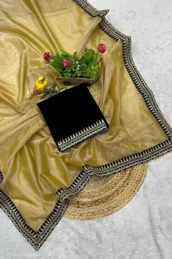 Golden Color Partywear Net Fabric Saree