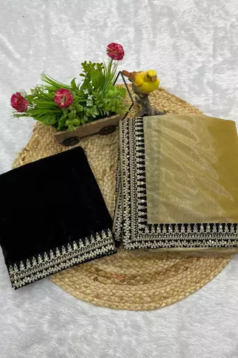 Golden Color Partywear Net Fabric Saree