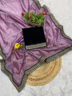 Lavender Color Partywear Net Fabric Saree 1