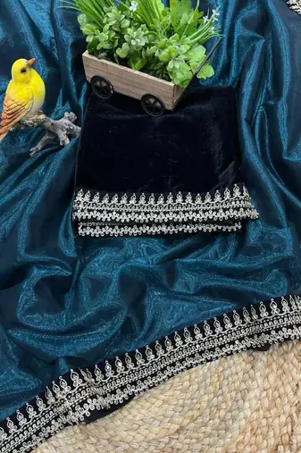 Teal Color Partywear Net Fabric Saree