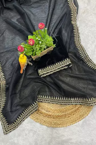 Black Color Partywear Net Fabric Saree