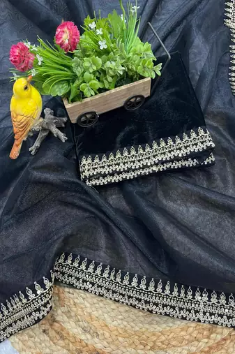 Black Color Partywear Net Fabric Saree