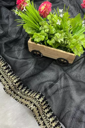 Black Color Partywear Net Fabric Saree