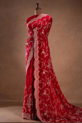 Red Color Satin Silk Heavy Bridal Saree 3
